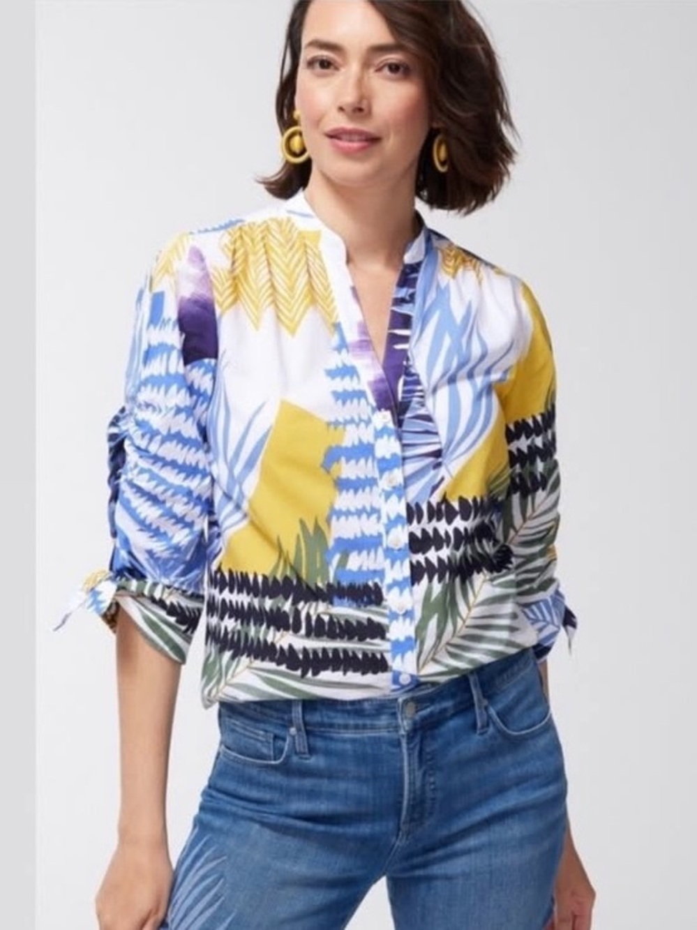 Chicos Tropical Floral Cotton Tie Sleeve Button Down Blouse 0/Sz 4